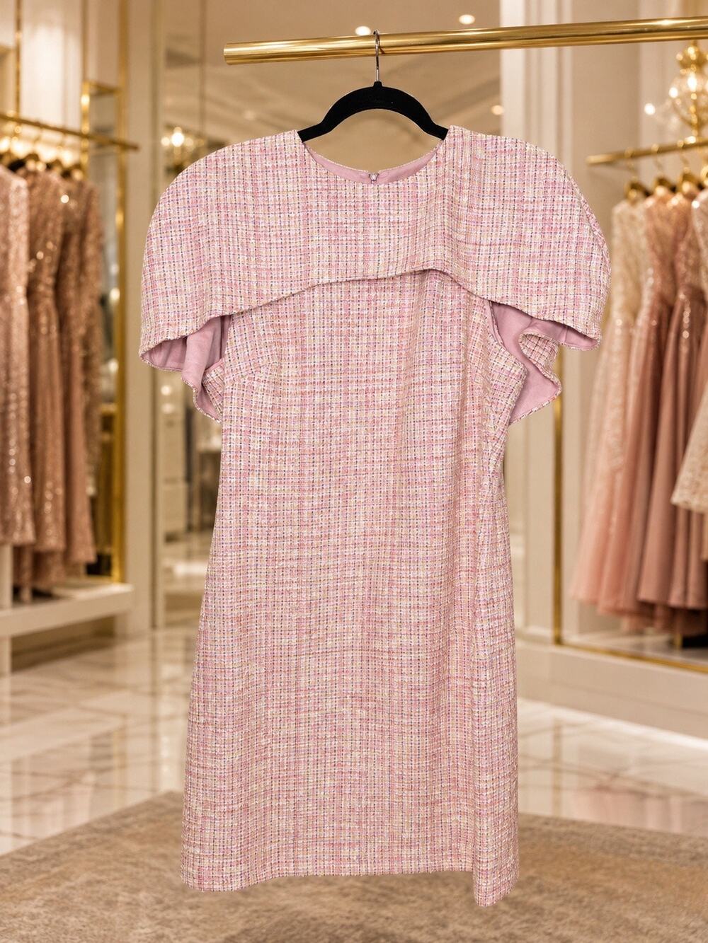 Belle by Badgley Mischka Hope Pink Tweed Capelet Mini Dress 12 NWT Metallic Chic